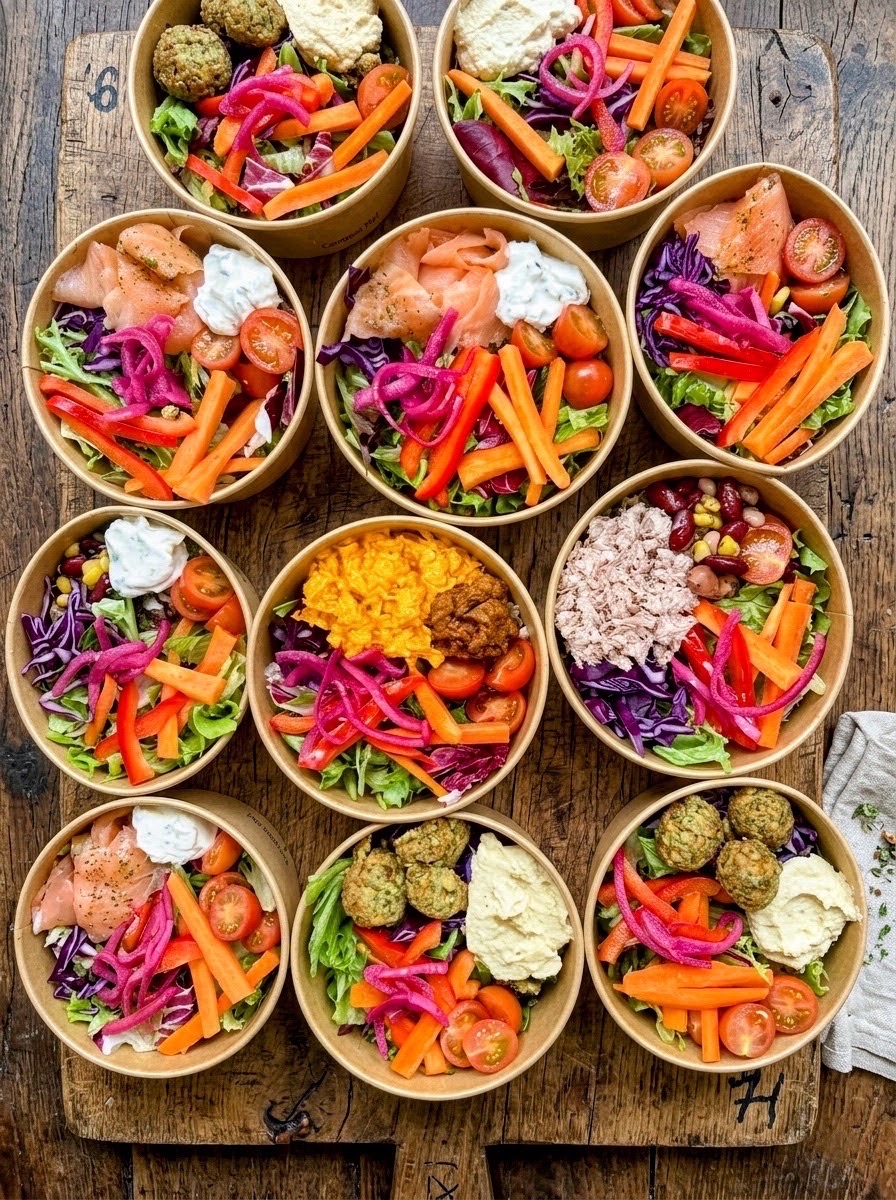 Individual salad bowls with smoked salmon, falafel, tuna and fresh vegetables