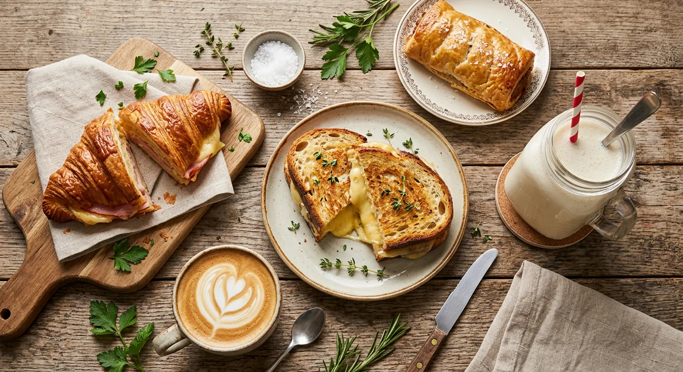 A spread of fresh bakery items including sourdough toasties, croissants, and milkshakes